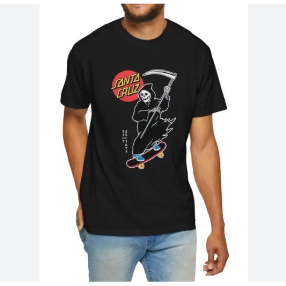 NWOT. Riot Society x Santa Cruz Grim Reaper Skateboards Graphic T-Shirt for Men.